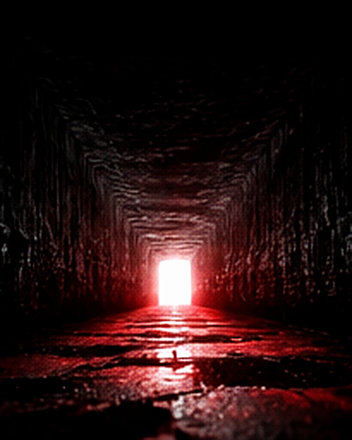 A dark tunnel with a doorway of red light at the far end.