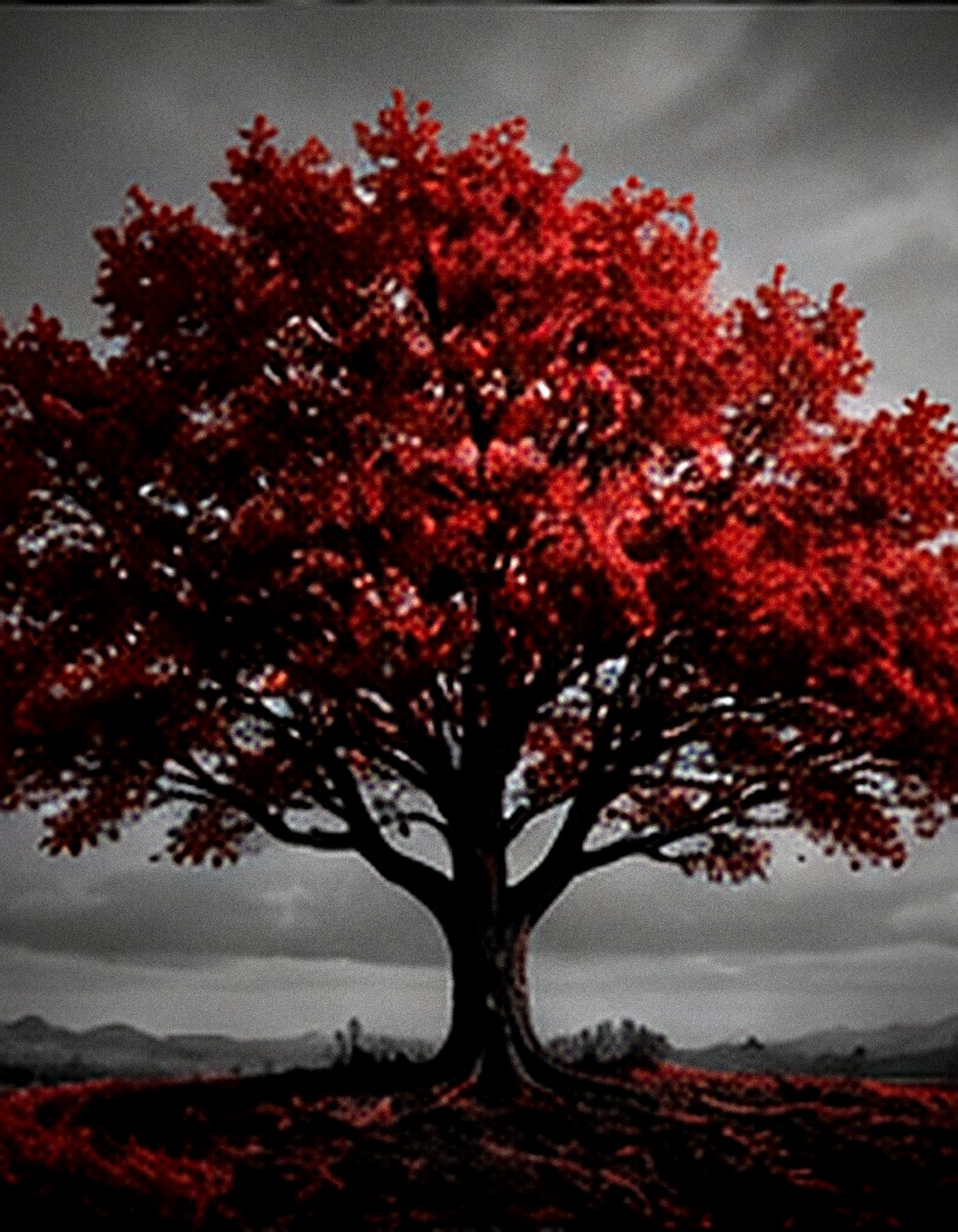One tree with blood-red leaves standing alone on a grey plain.