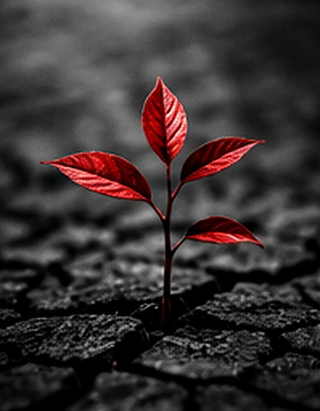 A red shoot growing out of a crack in dry, broken ground.
