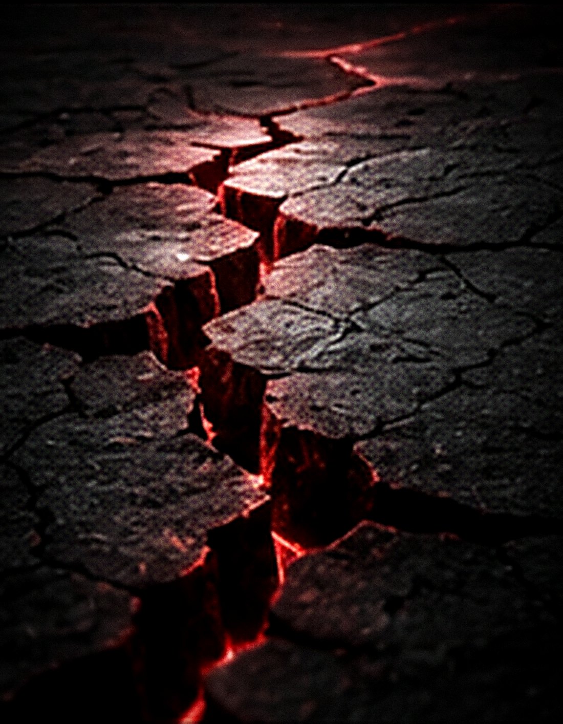 Red light glowing up through a deep crack in dark stone.